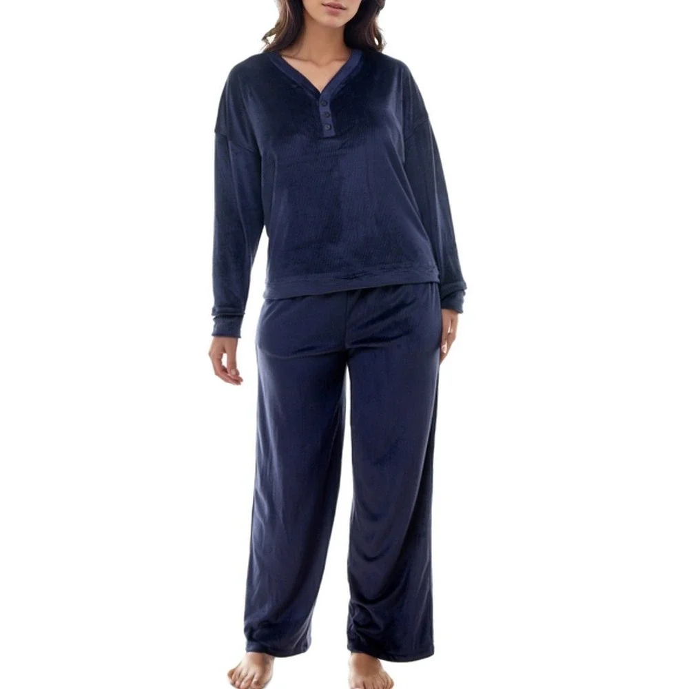 Roudelain Womens Velour 2 Pc Pajama Set Navy Large Henley Cozy Sleepwear PJs NWT